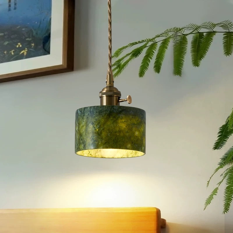 French vintage pendant light with natural jade lampshade - 3-color LED adjustable lighting for bedroom, dining room, or entryway