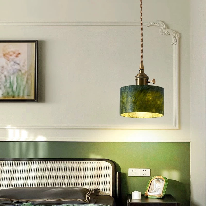 French vintage pendant light with natural jade lampshade - 3-color LED adjustable lighting for bedroom, dining room, or entryway