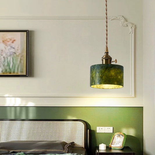 French vintage pendant light with natural jade lampshade - 3-color LED adjustable lighting for bedroom, dining room, or entryway