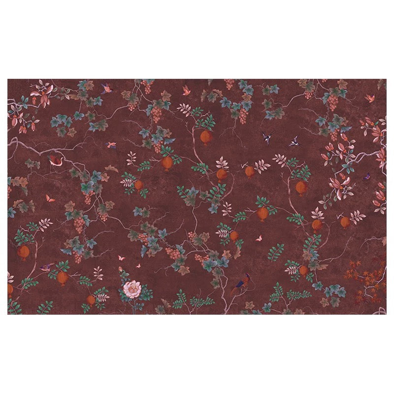 Imperial Grove Chinoiserie Wallpaper Mural | Burgundy Botanical Birds Non-Pasted Wallcovering