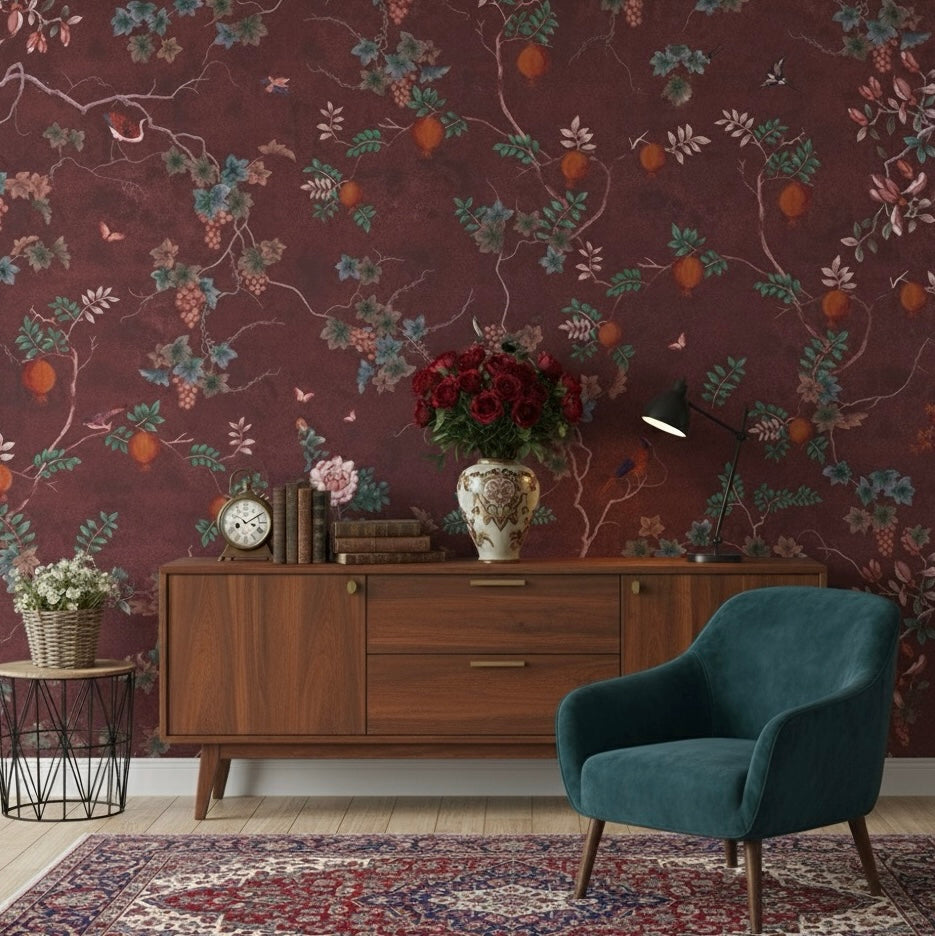 Imperial Grove Chinoiserie Wallpaper Mural | Burgundy Botanical Birds Non-Pasted Wallcovering