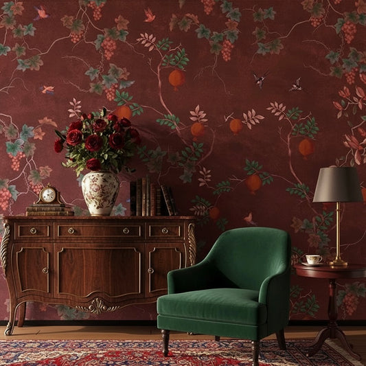 Imperial Grove Chinoiserie Wallpaper Mural | Burgundy Botanical Birds Non-Pasted Wallcovering