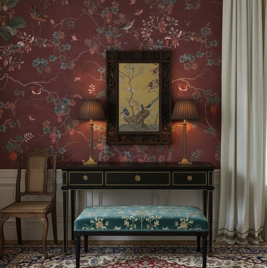 Imperial Grove Chinoiserie Wallpaper Mural | Burgundy Botanical Birds Non-Pasted Wallcovering