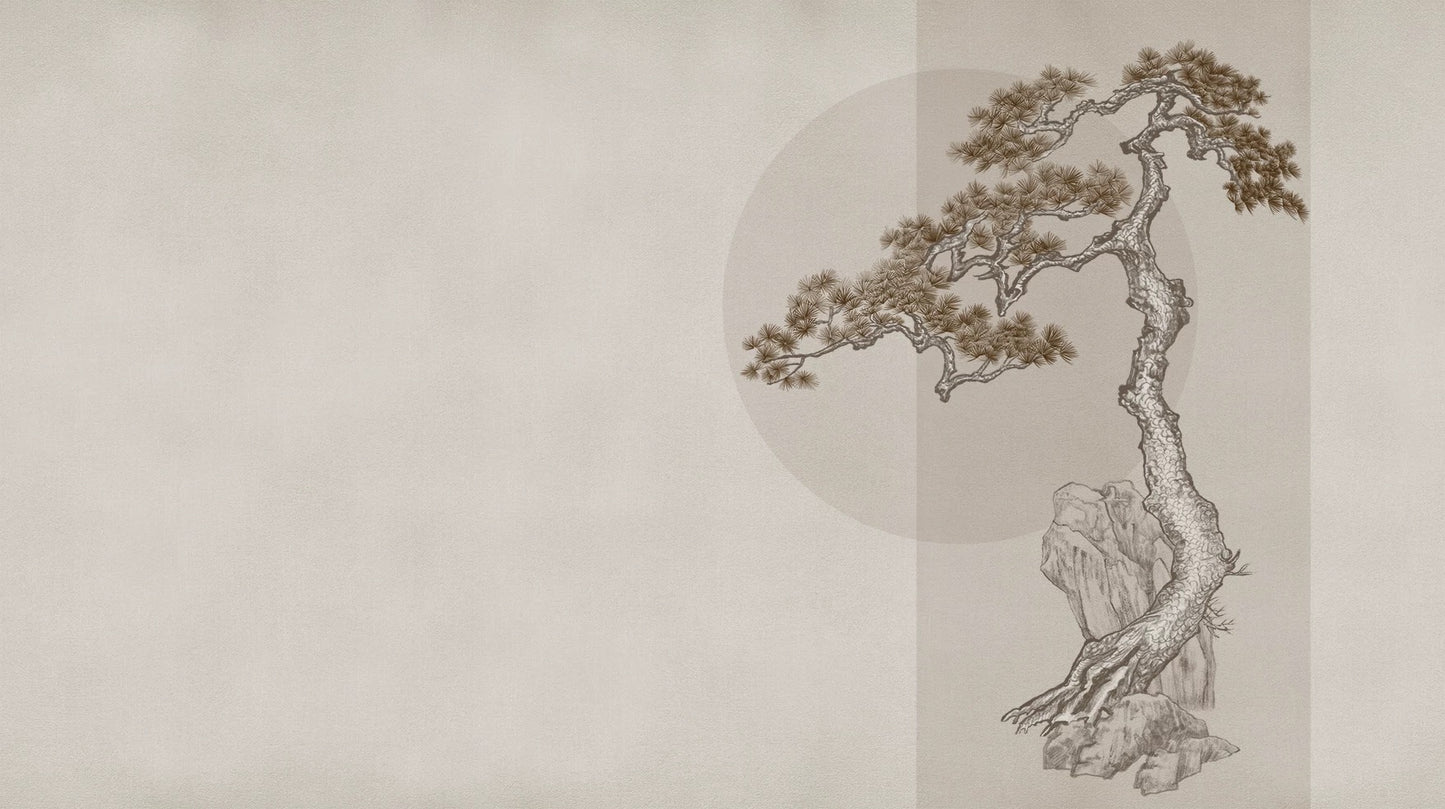 Traditional Chinese ink painting of a tree with a large moon in the background