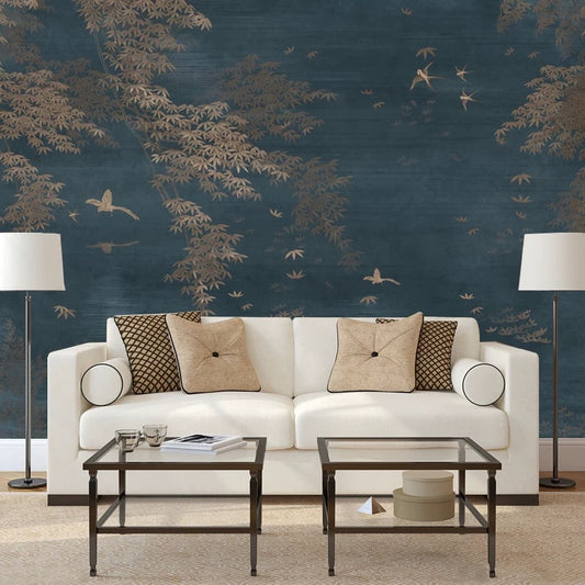 Living room with a white sofa, decorative pillows, and a decorative wall mural.