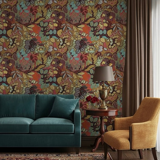Jewel Tone Botanical Tapestry Wallpaper Mural - Non-Pasted Maximalist Print