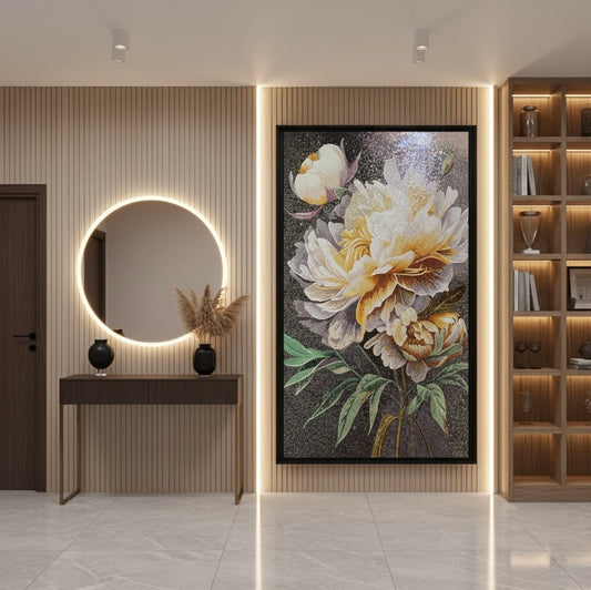 Luminous Peony Custom Glass Mosaic Mural - Elegant Floral Art Tile