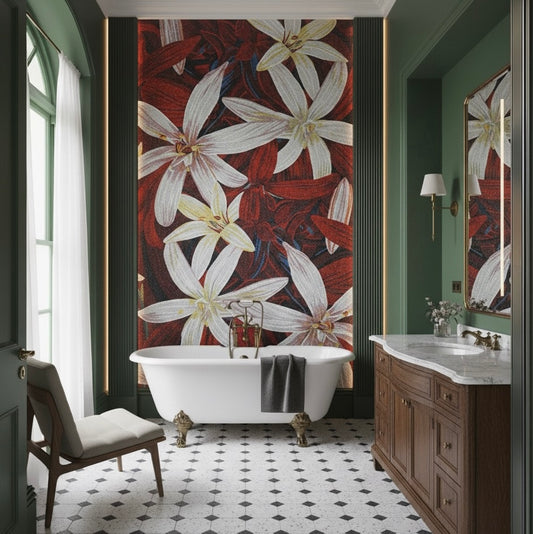 Bathroom with floral mosaic mural, freestanding bathtub, and wooden vanity.