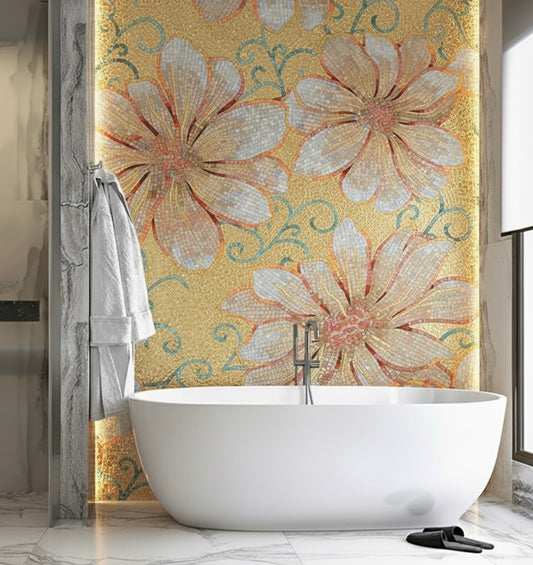 Bathroom with a freestanding bathtub and decorative floral mosaic mural.