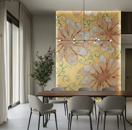 Dining room with a decorative floral mosaic mural and a wooden table with chairs.