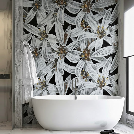 Luxury White Floral Bloom Glass Mosaic Mural - Custom Botanical Tile Art