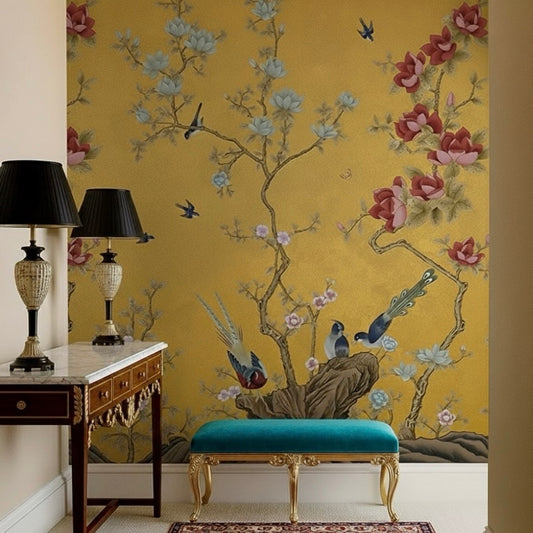 Majestic Chinoiserie Wallpaper Mural | Hand-Painted Effect Birds & Blossoms on Gold
