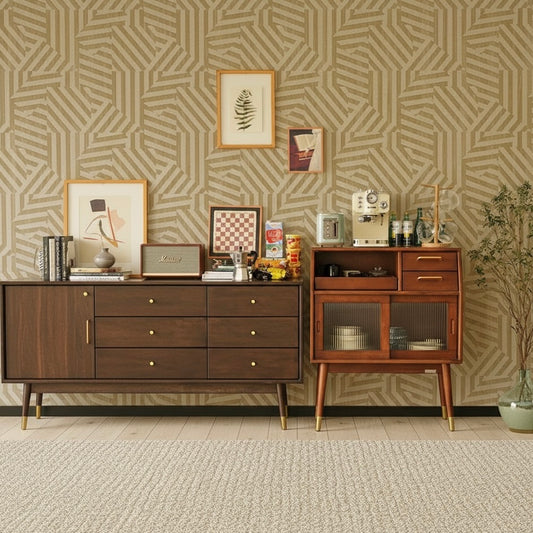 Mid-Century Modern Geometric Maze Wallpaper Mural - Non-Pasted Tan