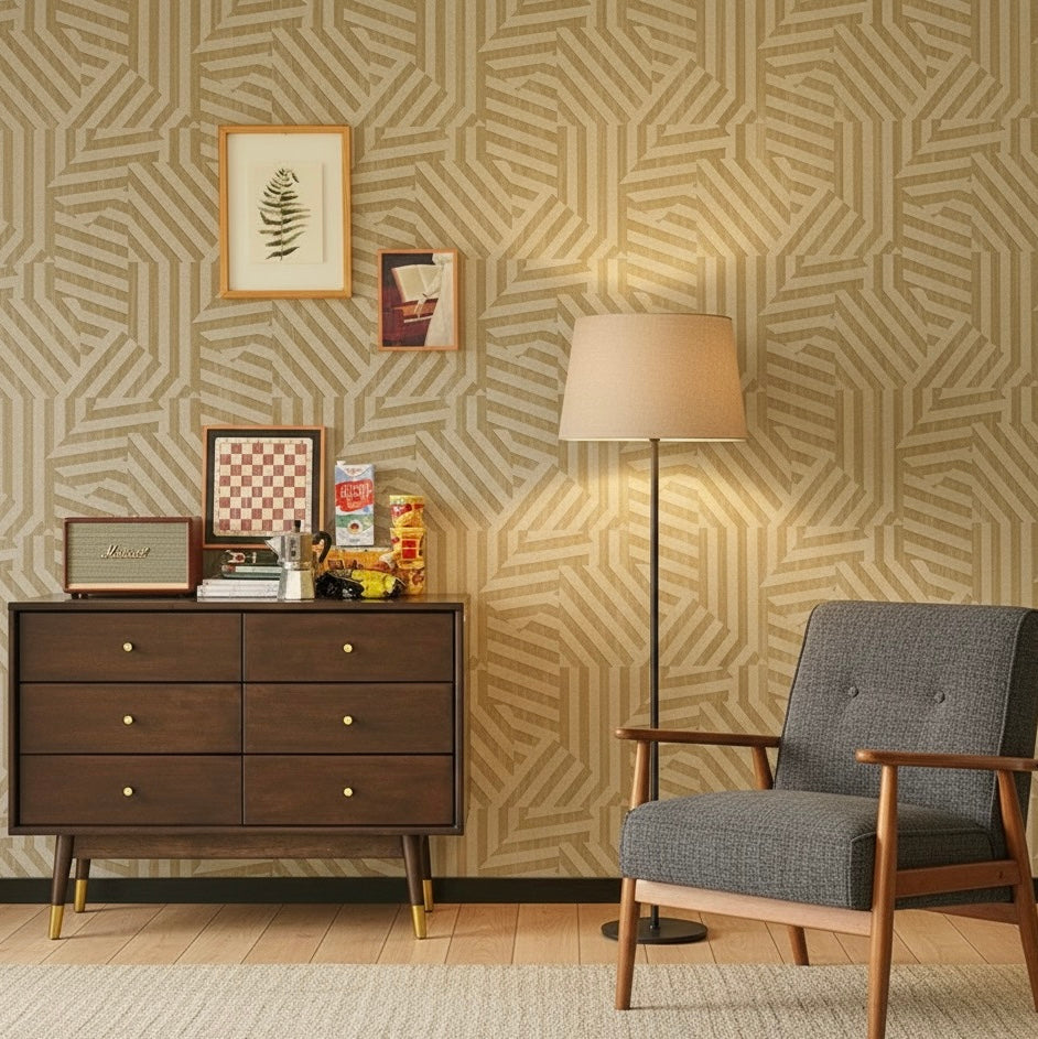 Mid-Century Modern Geometric Maze Wallpaper Mural - Non-Pasted Tan