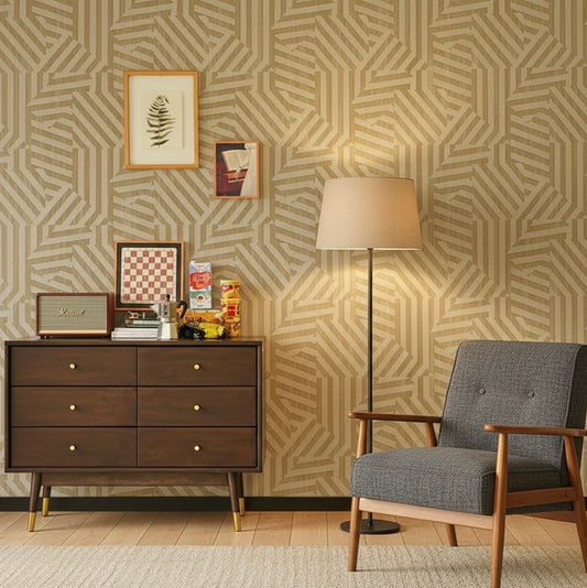 Mid-Century Modern Geometric Maze Wallpaper Mural - Non-Pasted Tan