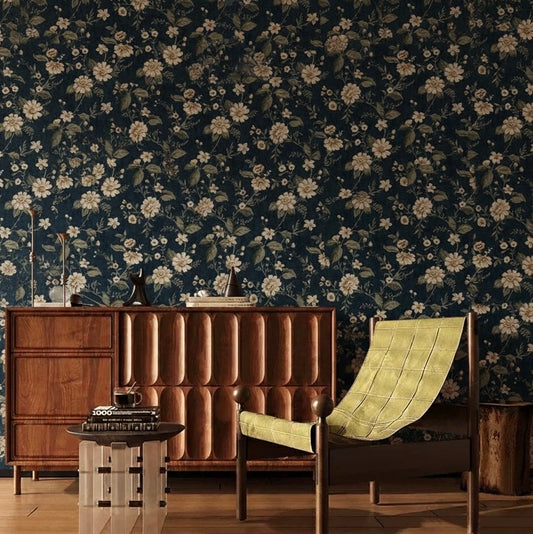 Midnight Botanical Floral Wallpaper Mural | Vintage Cottagecore Navy Non-Pasted Wallcovering