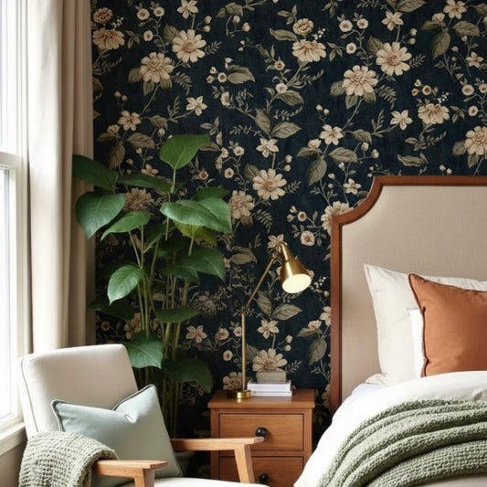 Midnight Botanical Floral Wallpaper Mural | Vintage Cottagecore Navy Non-Pasted Wallcovering