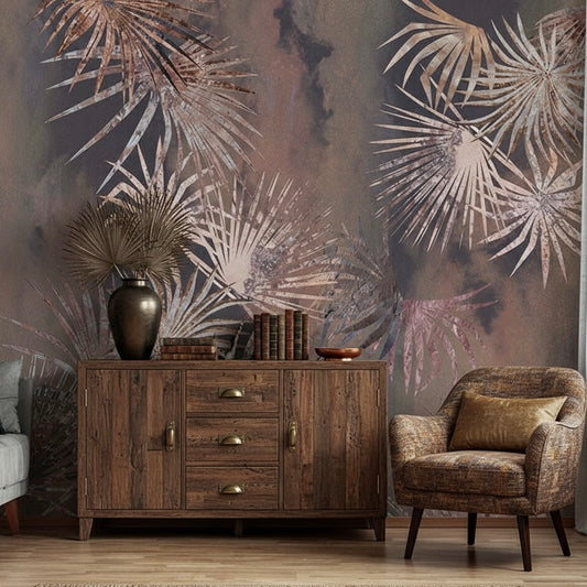 Moody Tropical Palm Frond Mural - Non-Pasted Bronze & Taupe