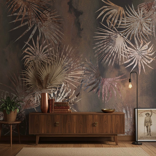 Moody Tropical Palm Frond Mural - Non-Pasted Bronze & Taupe