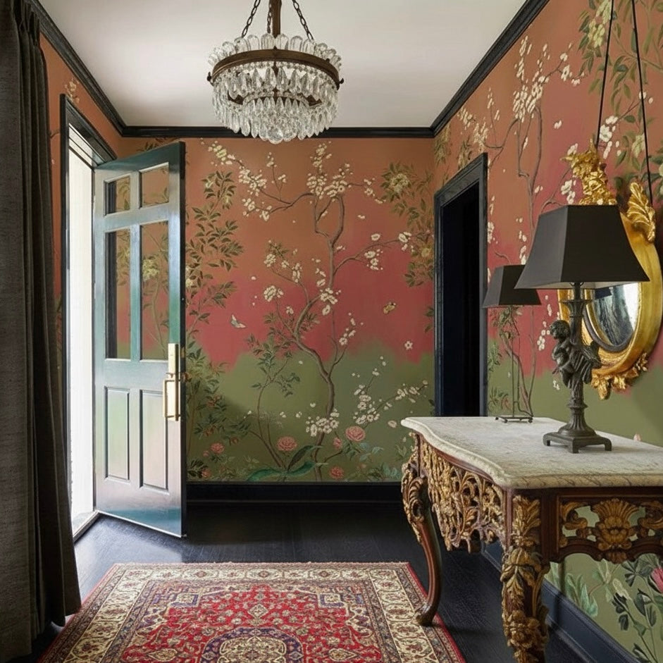 Ombre Blossom Chinoiserie Mural Wallpaper | Traditional Non-Pasted Floral Wall Art