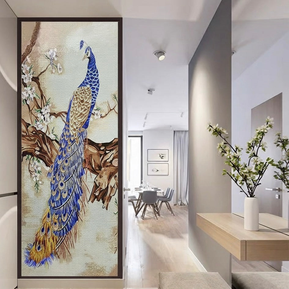 Regal Peacock & Cherry Blossom Glass Mosaic Mural - Custom Luxury Art