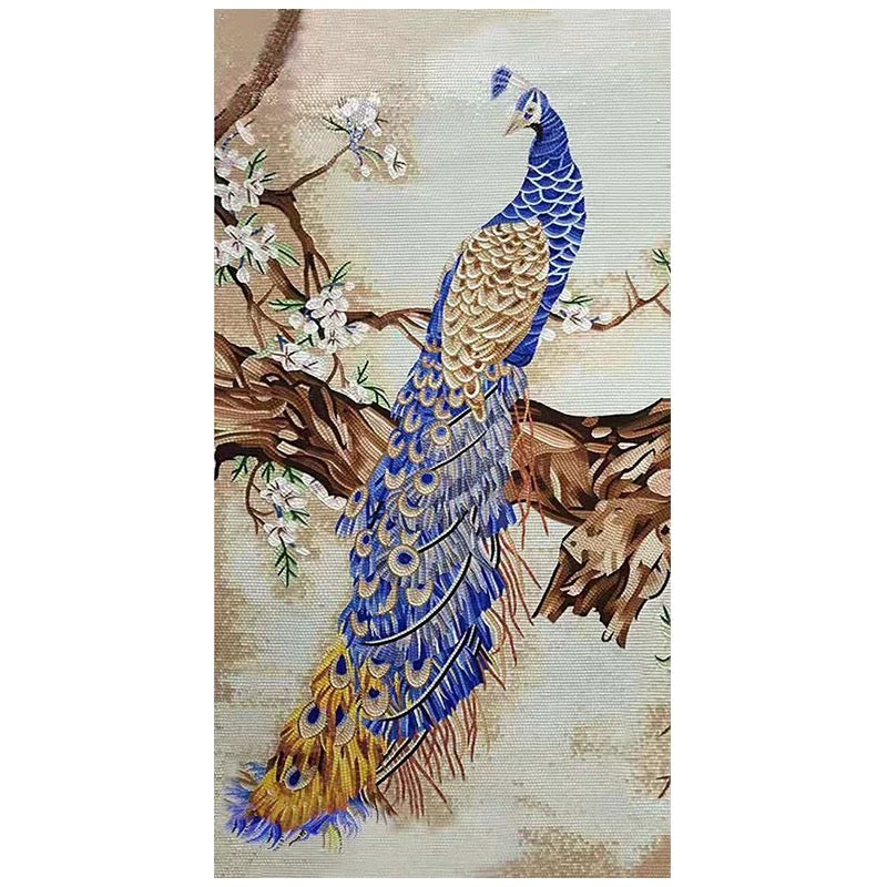Regal Peacock & Cherry Blossom Glass Mosaic Mural - Custom Luxury Art