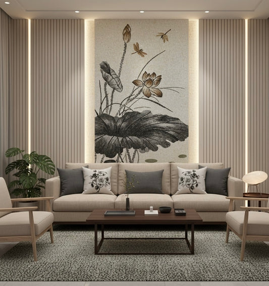Modern living room with a large wall art mosaic mural of chinese style lotus flowers.