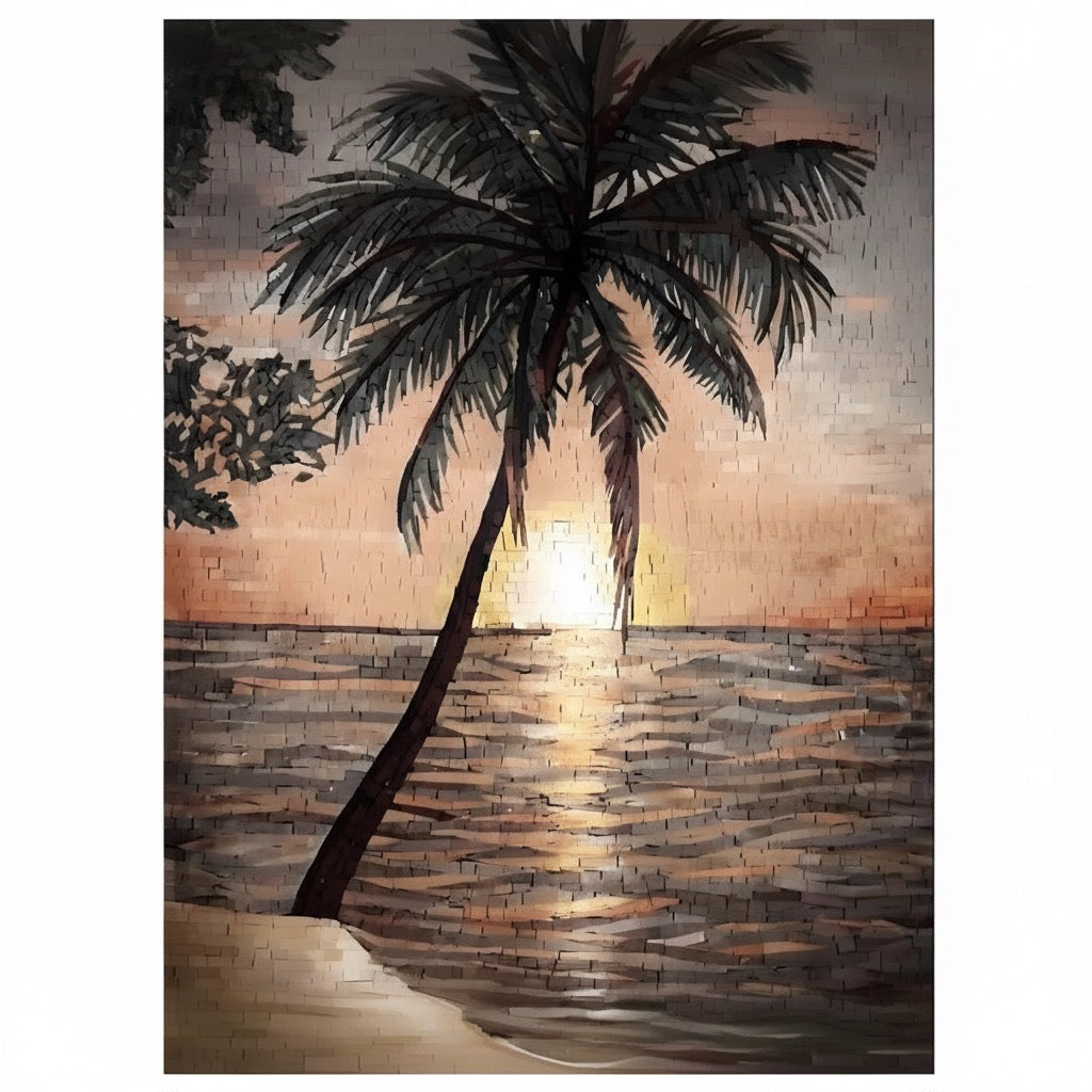 Mosaic Mural of a palm tree by the water with a sunset in the background