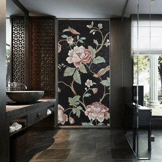 Vintage Chinoiserie Peony and Bird Glass Mosaic Mural - Custom Luxury Art