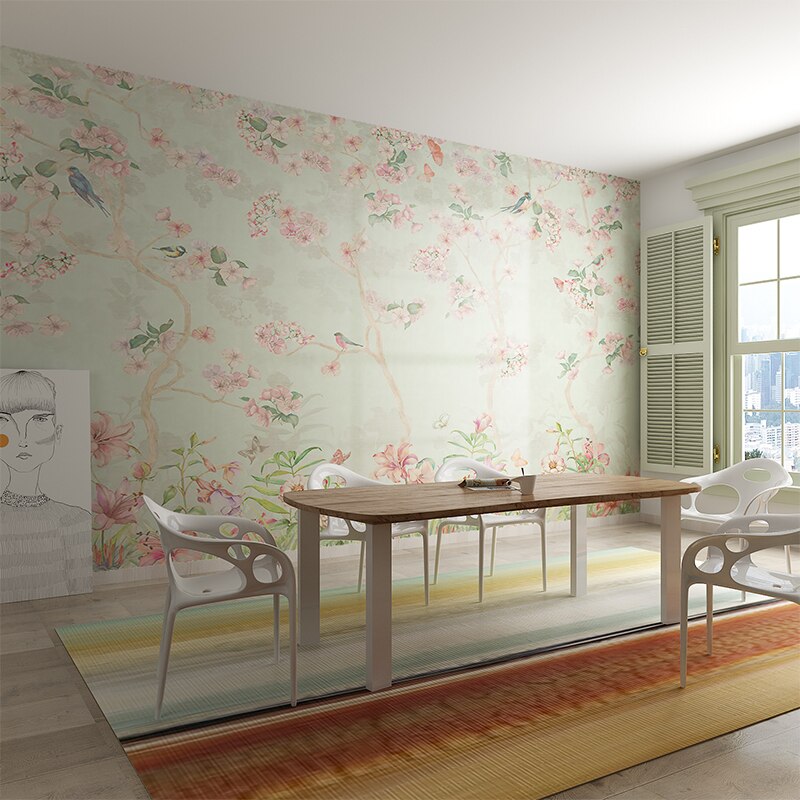 Pastoral scene wallpaper with flowers and songbirds
