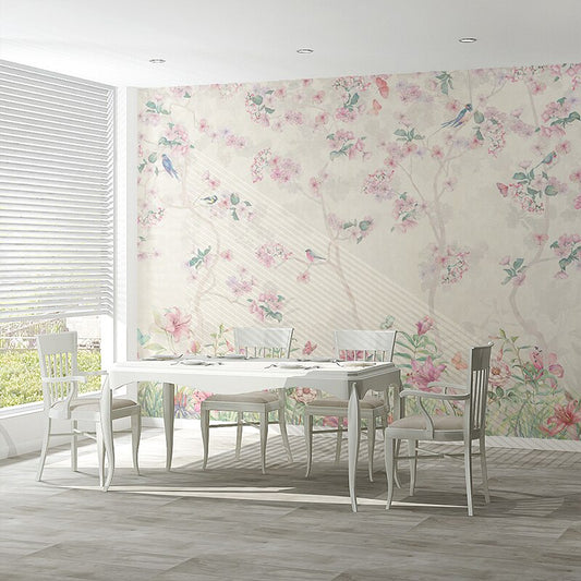 Pastoral scene wallpaper with flowers and songbirds