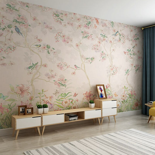 Pastoral scene wallpaper with flowers and songbirds