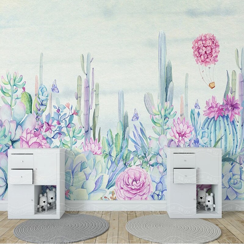 custom-mural-wallpaper-papier-peint-papel-de-parede-wall-decor-ideas-for-bedroom-living-room-dining-room-wallcovering-Hand-painted-Garden-Plant-Flower-Cactus