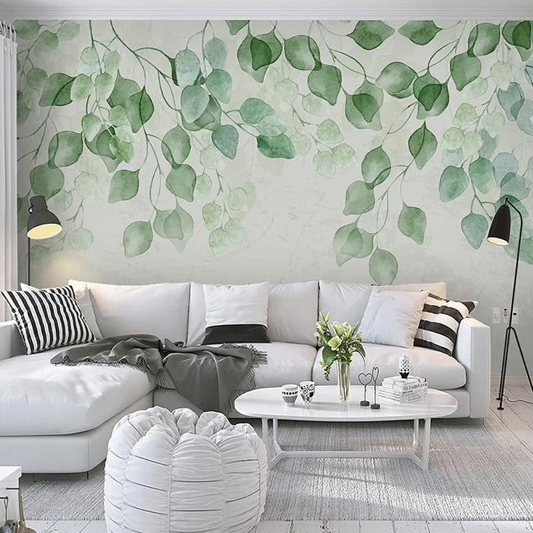 custom-mural-wallpaper-papier-peint-papel-de-parede-wall-decor-ideas-for-bedroom-living-room-dining-room-wallcovering-green-leaves-nordic-watercolor