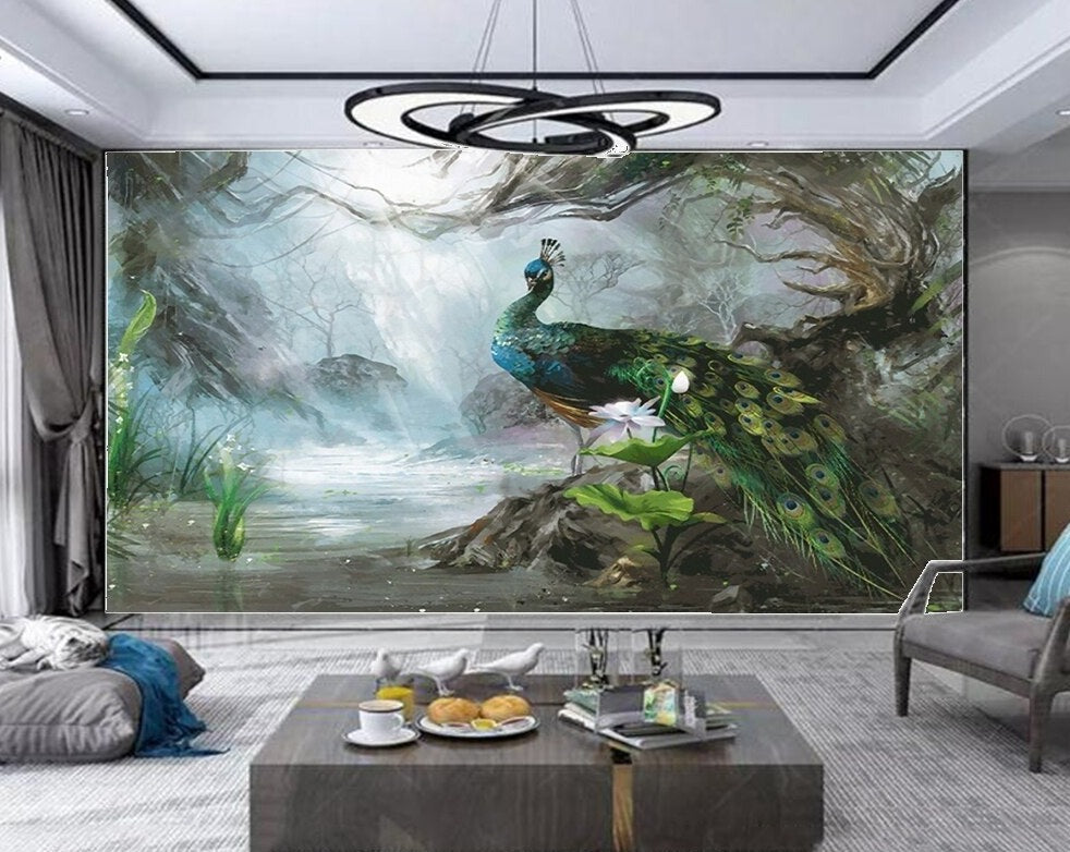 custom-mural-wallpaper-papier-peint-papel-de-parede-wall-decor-ideas-for-bedroom-living-room-dining-room-wallcovering-Beautiful-Peacock-in-Dream-Forest-Home-Decor