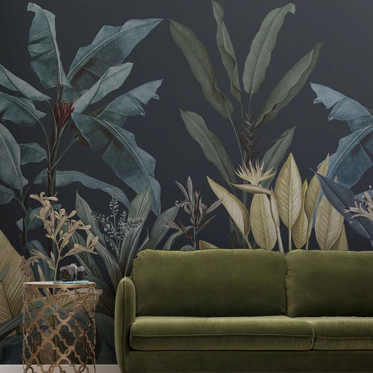 custom-mural-wallpaper-papier-peint-papel-de-parede-wall-decor-ideas-for-bedroom-living-room-dining-room-wallcovering-Dark-Blue-Green-Tropical-Jungle-Plants-banana-leaf