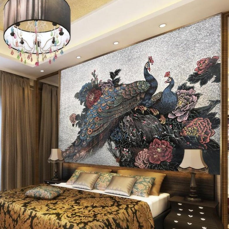 custom-wallpaper-peacock-peony-watercolor-sand-painting-style-new-chinese-style-tv-background-wall-murals-3d-wallpaper