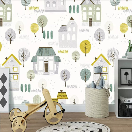 custom-wallpaper-mural-wall-covering-wall-decor-wall-decal-wall-sticker-nursery-decor-kids-room-children's-room-daycare-kindergarten-ideas-cartoon-cute-trees-houses