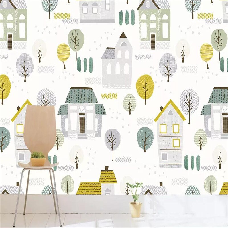 custom-wallpaper-mural-wall-covering-wall-decor-wall-decal-wall-sticker-nursery-decor-kids-room-children's-room-daycare-kindergarten-ideas-cartoon-cute-trees-houses