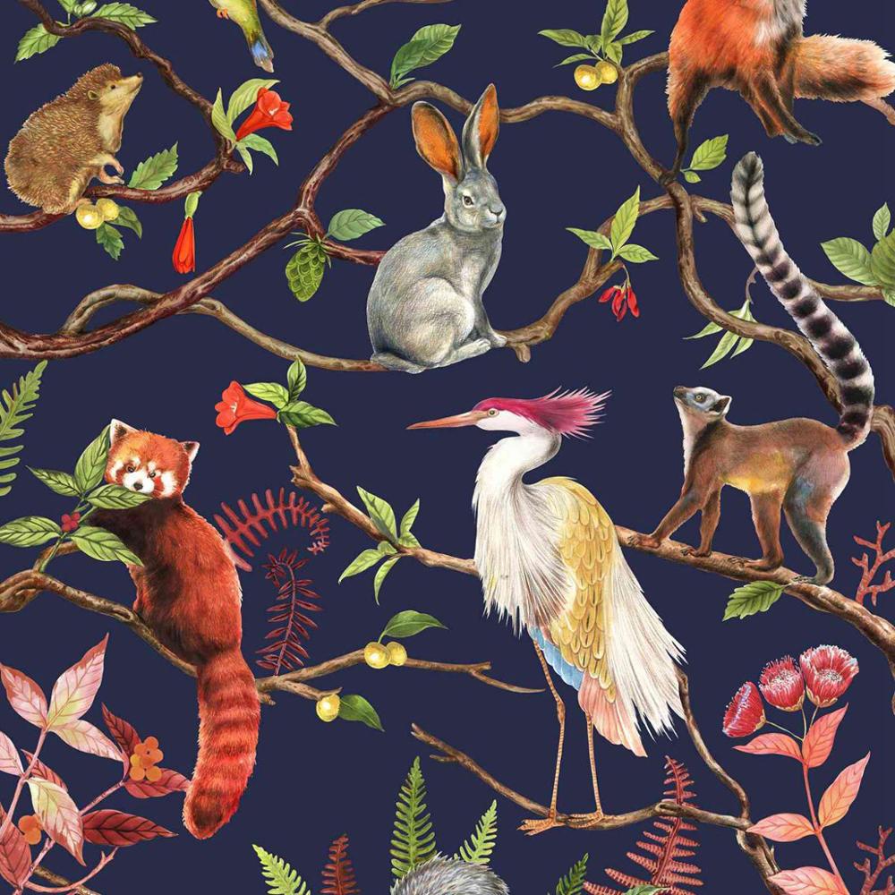 custom-wallpaper-mural-wall-covering-wall-decor-wall-decal-wall-sticker-nursery-decor-kids-room-children's-room-daycare-kindergarten-ideas-chinoiserie-tropical-animals-jungle-forest-papier-peint
