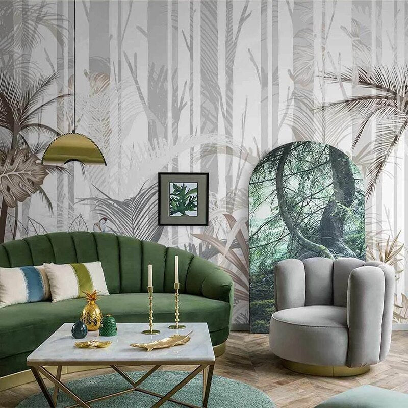 custom-mural-wallpaper-papier-peint-papel-de-parede-wall-decor-ideas-for-bedroom-living-room-dining-room-wallcovering-Hand-Painted-Forest-Tree-Plant-Palm-Leaves-Large-Wall-Painting