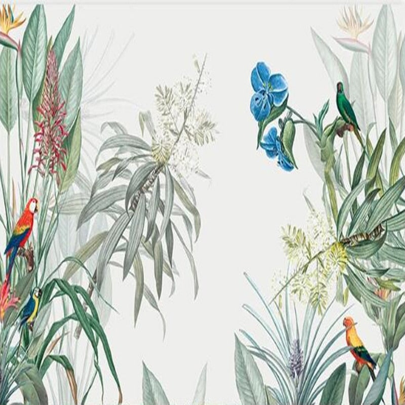 custom-mural-wallpaper-papier-peint-papel-de-parede-wall-decor-ideas-for-bedroom-living-room-dining-room-wallcovering-Tropical-Rainforest-Plants-Flowers-Birds-Landscape