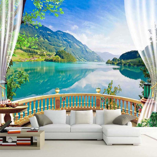 custom-3d-photo-wallpaper-balcony-window-blue-sky-white-clouds-lake-forest-scenery-living-room-sofa-tv-backdrop-mural-wall-paper