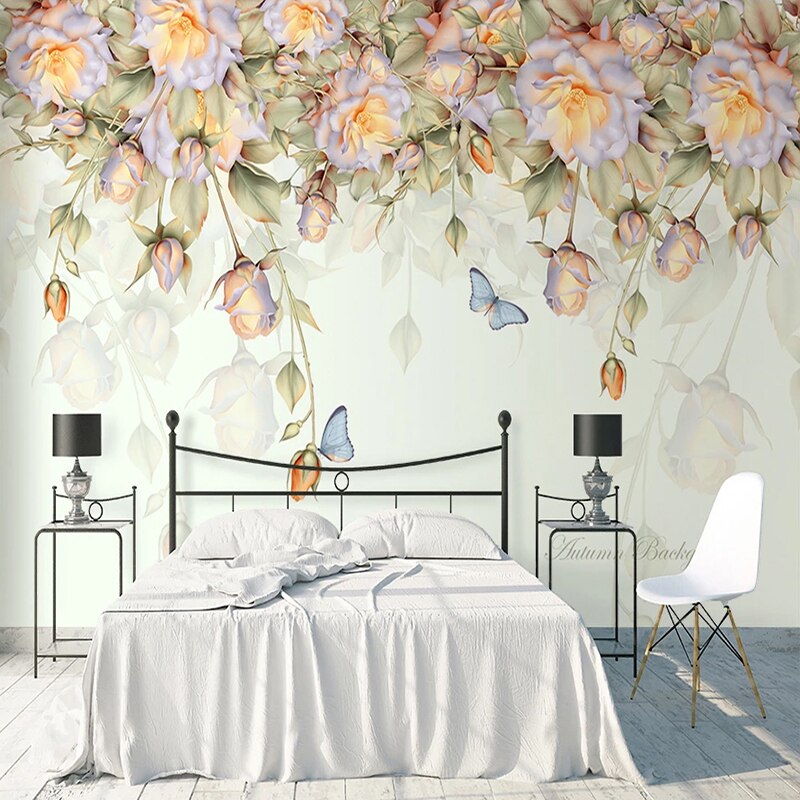 custom-mural-wallpaper-papier-peint-papel-de-parede-wall-decor-ideas-for-bedroom-living-room-dining-room-wallcovering-flowers-floral-roses-butterfly