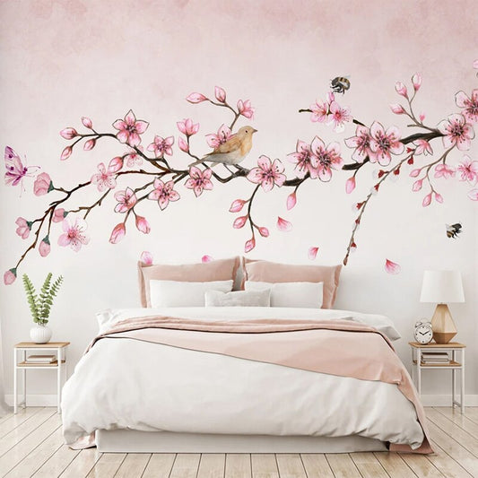 custom-mural-wallpaper-papier-peint-papel-de-parede-wall-decor-ideas-for-wallcovering-Self-Adhesive-Pink-flowers-butterflies-bird