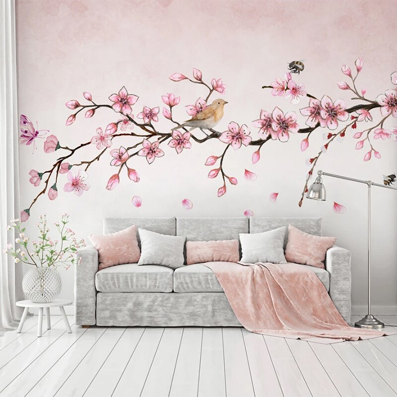 custom-mural-wallpaper-papier-peint-papel-de-parede-wall-decor-ideas-for-wallcovering-Self-Adhesive-Pink-flowers-butterflies-bird