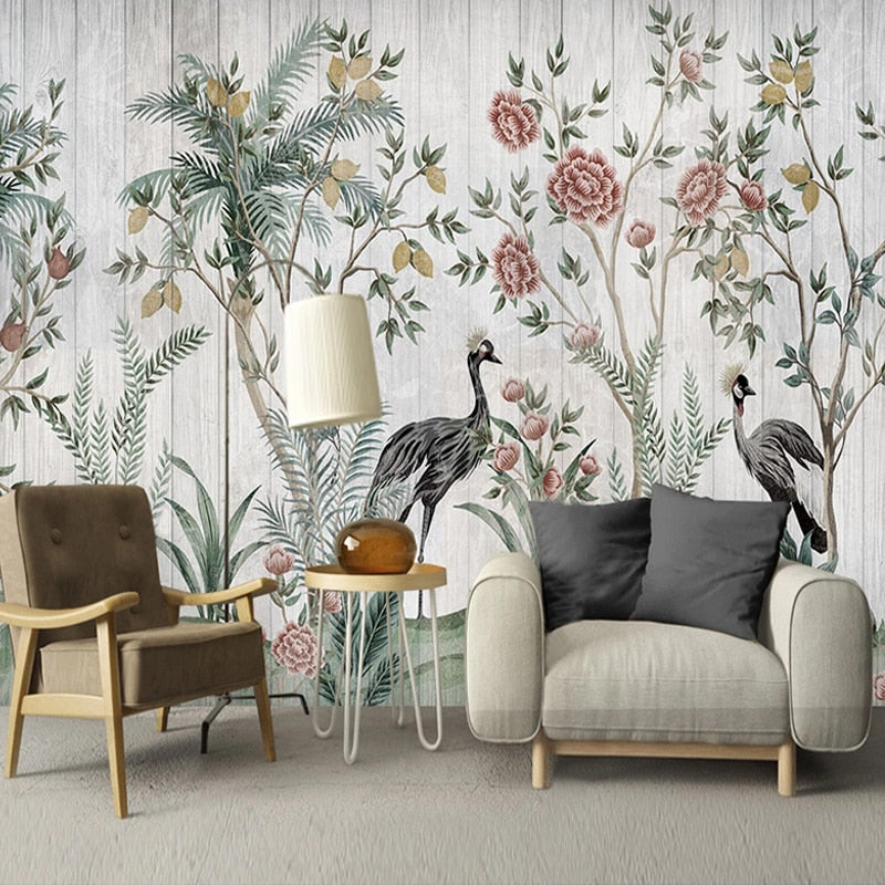 Custom Mural Wallpaper Pastoral Flowers Birds Wallcovering | BVM Home