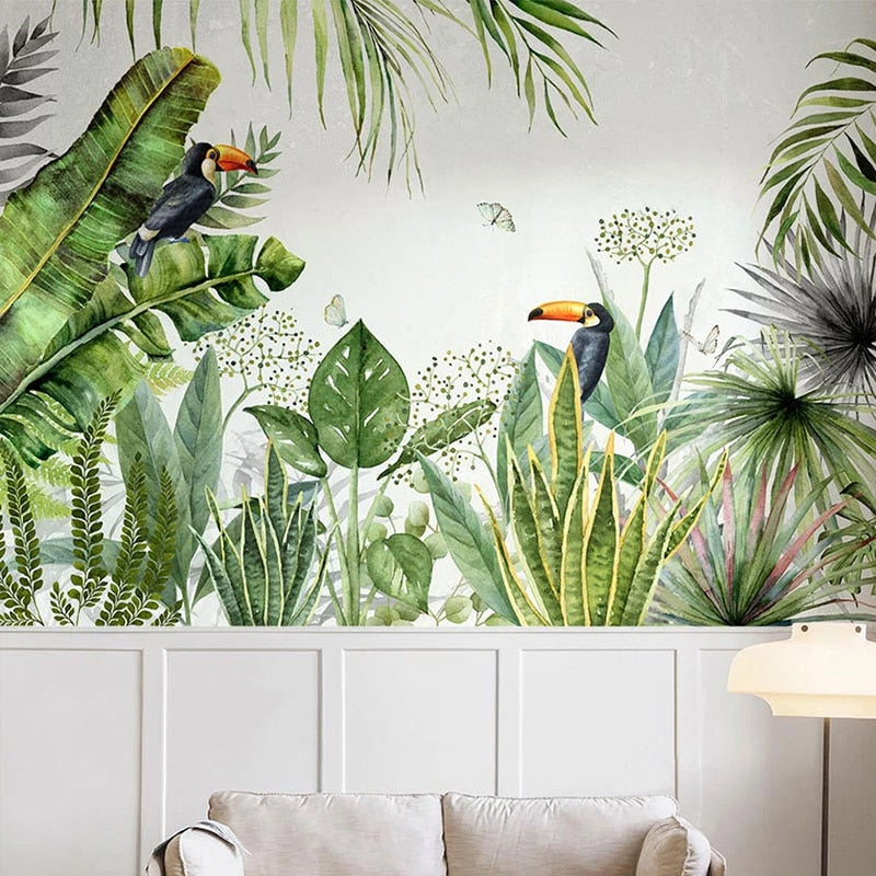 custom-mural-wallpaper-papier-peint-papel-de-parede-wall-decor-ideas-for-bedroom-living-room-dining-room-wallcovering-tropical-Plant-Banana-Leaf-rainforest-flowers-birds