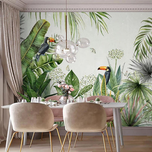 custom-mural-wallpaper-papier-peint-papel-de-parede-wall-decor-ideas-for-bedroom-living-room-dining-room-wallcovering-tropical-Plant-Banana-Leaf-rainforest-flowers-birds