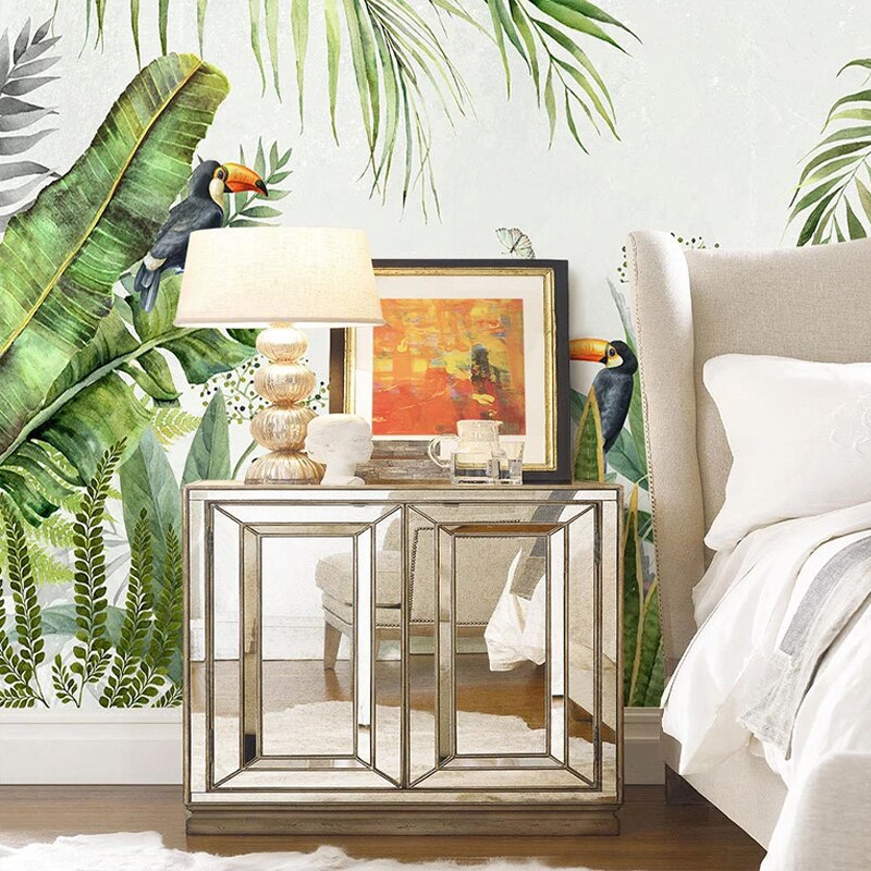 custom-mural-wallpaper-papier-peint-papel-de-parede-wall-decor-ideas-for-bedroom-living-room-dining-room-wallcovering-tropical-Plant-Banana-Leaf-rainforest-flowers-birds